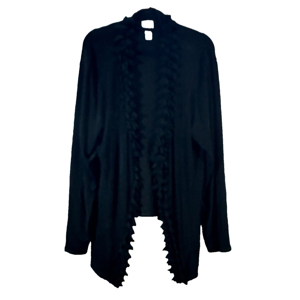 Chicos Travelers Black open front Cardigan Ruffle Sz 3 (L) Open Comfort A33